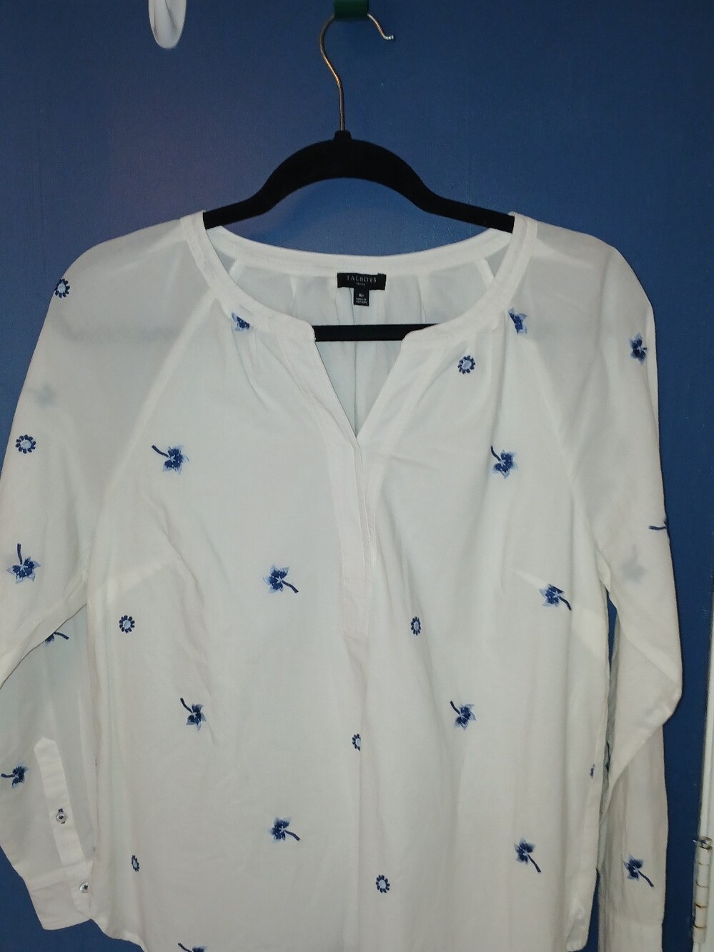 Talbots White Long-Sleeve Embroidered Popover Shirt, Size Missy Petite